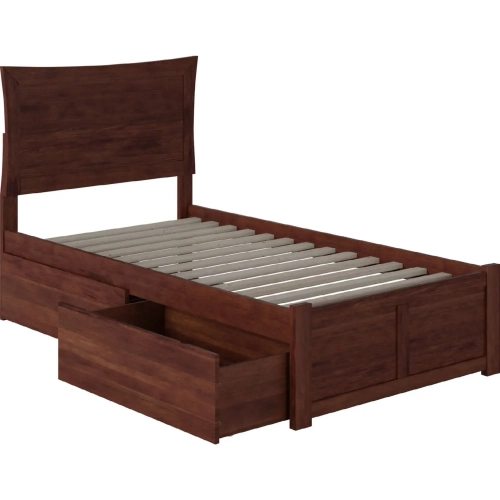 Metro Twin Bed with Flat Panel Footboard & 2 Urban Bed Drawers in Antique Walnut