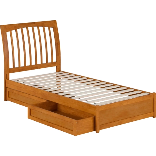 Roslyn Twin XL Platform Bed with Panel Footboard, Drawers & Charging in Light Toffee