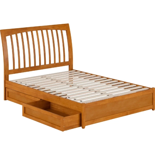 Roslyn Full Platform Bed with Panel Footboard, Drawers & Charging in Light Toffee