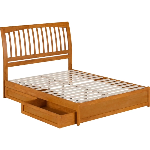 Roslyn Queen Platform Bed with Panel Footboard, Drawers & Charging in Light Toffee