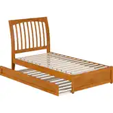Roslyn Twin Platform Bed with Panel Footboard, Twin Trundle & Charging in Light Toffee