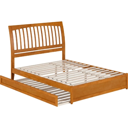 Roslyn Queen Platform Bed with Panel Footboard, Twin XL Trundle & Charging in Light Toffee