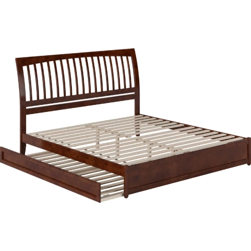 Roslyn King Platform Bed with Panel Footboard, Twin XL Trundle & Charging in Walnut Finish