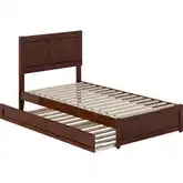 Clayton Twin Platform Bed with Panel Footboard, Twin Trundle & Charging in Walnut Finish