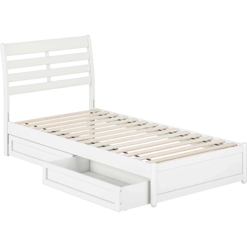 Emelie Twin XL Platform Bed with Panel Footboard, Drawers & Charging in White