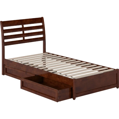 Emelie Twin XL Platform Bed with Panel Footboard, Drawers & Charging in Walnut Finish