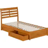 Emelie Twin XL Platform Bed with Panel Footboard, Drawers & Charging in Light Toffee