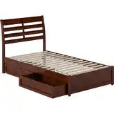 Emelie Twin Platform Bed with Panel Footboard, Drawers & Charging in Walnut Finish