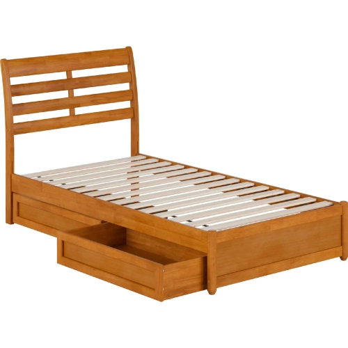 Emelie Twin Platform Bed with Panel Footboard, Drawers & Charging in Light Toffee