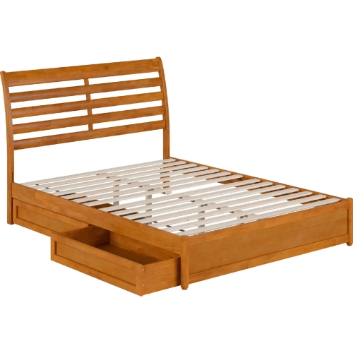 Emelie Queen Platform Bed with Panel Footboard, Drawers & Charging in Light Toffee
