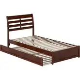 Emelie Twin XL Platform Bed with Panel Footboard, Twin XL Trundle & Charging in Walnut Finish
