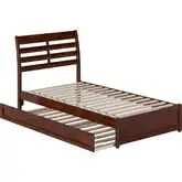 Emelie Twin Platform Bed with Panel Footboard, Twin Trundle & Charging in Walnut Finish