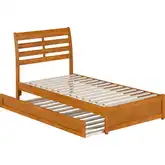 Emelie Twin Platform Bed with Panel Footboard, Twin Trundle & Charging in Light Toffee