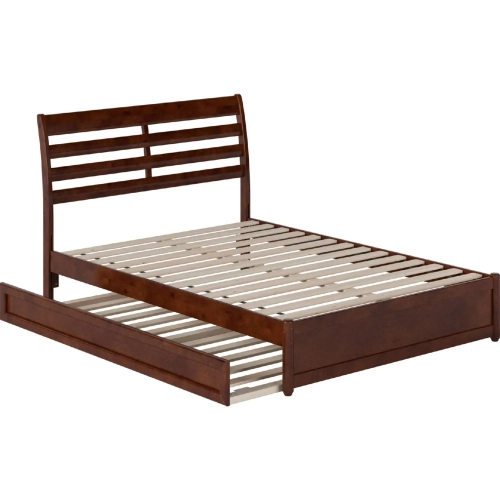 Emelie Full Platform Bed with Panel Footboard, Twin Trundle & Charging in Walnut Finish