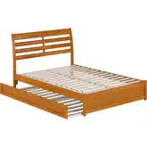 Emelie Full Platform Bed with Panel Footboard, Twin Trundle & Charging in Light Toffee