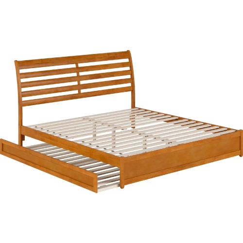 Emelie King Platform Bed with Panel Footboard, Twin XL Trundle & Charging in Light Toffee