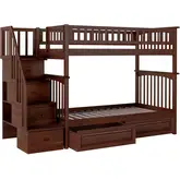 Columbia Staircase Twin over Twin Bunk Bed with 2 Raised Panel Drawers in Antique Walnut