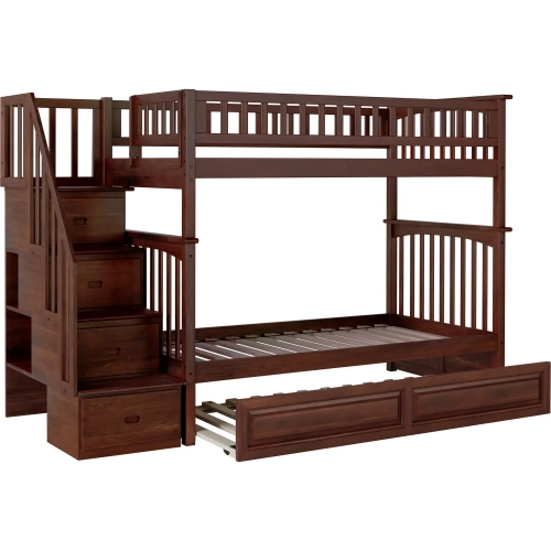 Columbia Staircase Twin over Twin Bunk Bed with Raised Panel Trundle in Antique Walnut