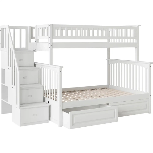 Columbia Staircase Twin over Full Bunk Bed with 2 Raised Panel Drawers in White