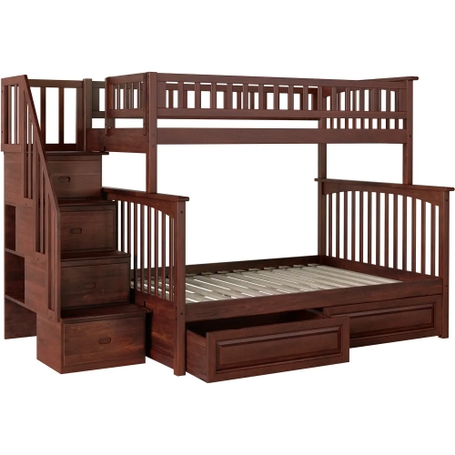 Columbia Staircase Twin over Full Bunk Bed with 2 Raised Panel Drawers in Antique Walnut