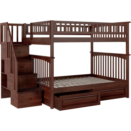 Columbia Staircase Full over Full Bunk Bed with 2 Raised Panel Bed Drawers in Antique Walnut