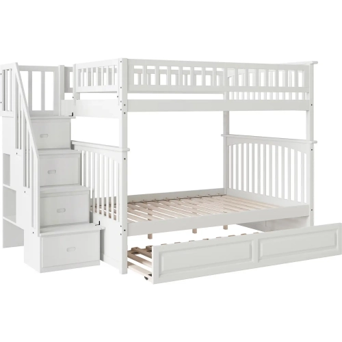 Columbia Staircase Full over Full Bunk Bed with Raised Panel Trundle in White