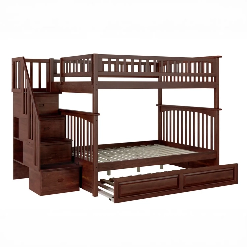 Columbia Staircase Full over Full Bunk Bed with Raised Panel Trundle in Antique Walnut