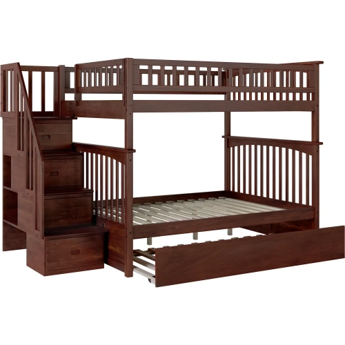 Columbia Staircase Bunk Bed Full over Full & Full Urban Trundle Bed in Walnut