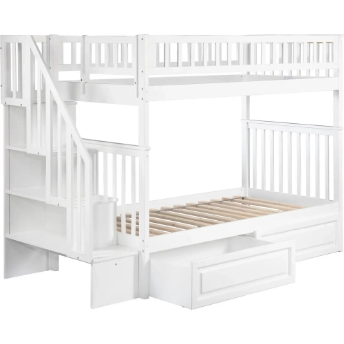 Woodland Staircase Twin over Twin Bunk Bed with 2 Raised Panel Drawers in White