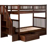 Woodland Staircase Twin over Twin Bunk Bed with 2 Raised Panel Drawers in Antique Walnut