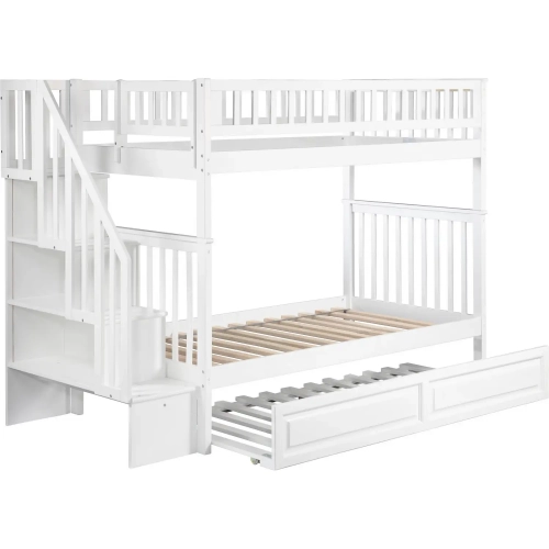 Woodland Staircase Twin over Twin Bunk Bed with Raised Panel Trundle in White