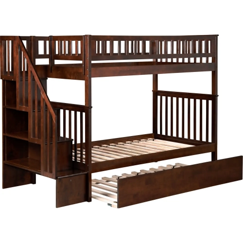 Woodland Staircase Twin over Twin Bunk Bed with Urban Lifestyle Trundle in Antique Walnut