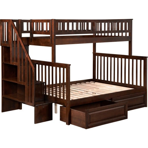 Woodland Staircase Twin over Full Bunk Bed with 2 Raised Panel Drawers in Antique Walnut