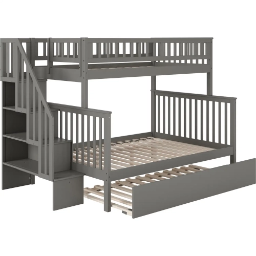 Woodland Staircase Twin over Full Bunk Bed with Turbo Charger & Full Trundle in Grey