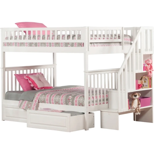 Woodland Staircase Full over Full Bunk Bed with 2 Raised Panel Bed Drawers in White