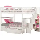 Woodland Staircase Full over Full Bunk Bed with 2 Raised Panel Bed Drawers in White