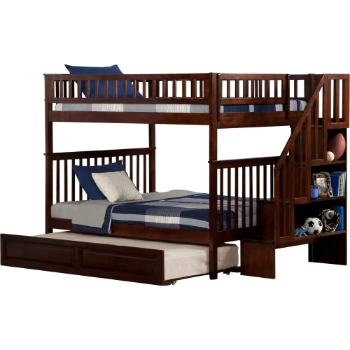 Woodland Staircase Full over Full Bunk Bed with Twin Raised Panel Trundle in Antique Walnut