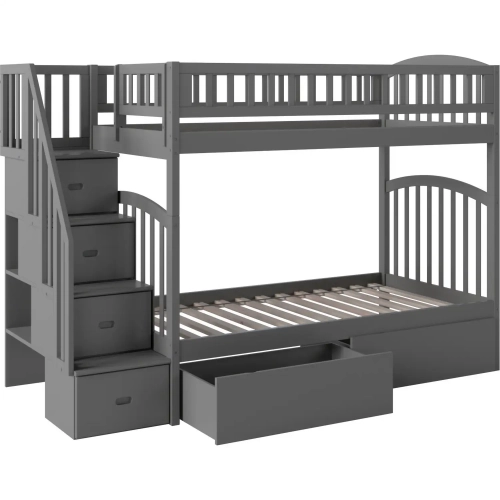 Westbrook Staircase Twin over Twin Bunk Bed with 2 Urban Bed Drawers in Grey
