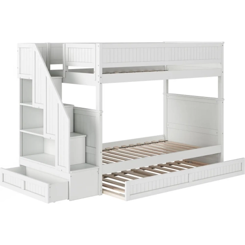 Dover Twin over Twin Staircase Bunk Bed with Storage Drawer & Twin Trundle in White