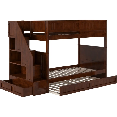 Dover Twin over Twin Staircase Bunk Bed with Storage Drawer & Twin Trundle in Walnut