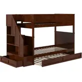 Dover Twin over Twin Staircase Bunk Bed with Storage Drawer & Twin Trundle in Walnut