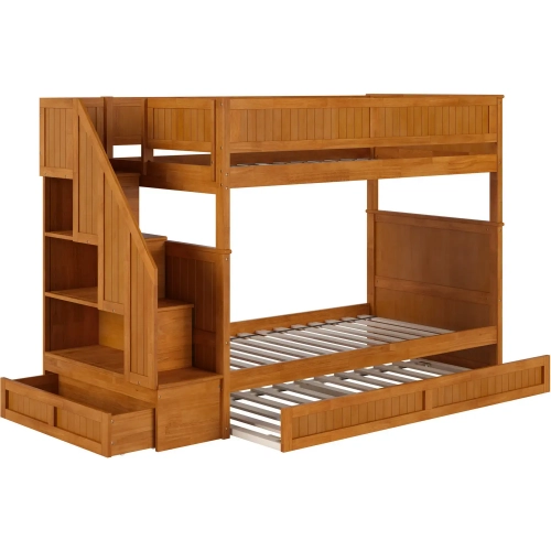 Dover Twin over Twin Staircase Bunk Bed with Storage Drawer & Twin Trundle in Light Toffee
