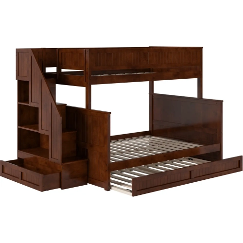 Dover Twin over Full Staircase Bunk Bed with Storage Drawer & Twin Trundle in Walnut