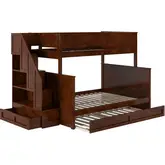 Dover Twin over Full Staircase Bunk Bed with Storage Drawer & Twin Trundle in Walnut