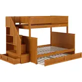 Dover Twin over Full Staircase Bunk Bed with Storage Drawer & Twin Trundle in Light Toffee