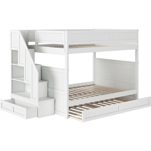 Dover Full over Full Staircase Bunk Bed with Storage Drawer & Twin Trundle in White
