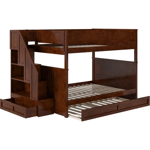 Dover Full over Full Staircase Bunk Bed with Storage Drawer & Twin Trundle in Walnut