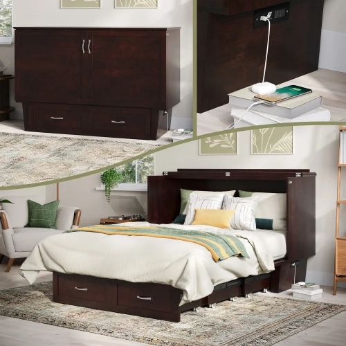 Chelsea Queen Murphy Bed Chest with Mattress in Espresso Finish Wood