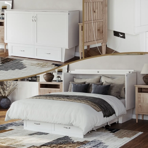 Chelsea Queen Murphy Bed Chest with Mattress in White Finish Wood