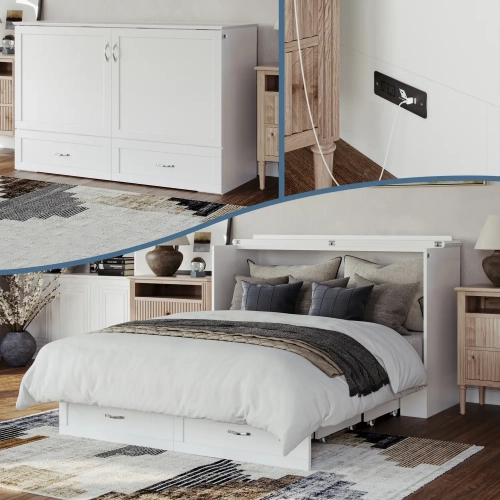 Raleigh Queen Murphy Bed Chest with Mattress in White Finish Wood
